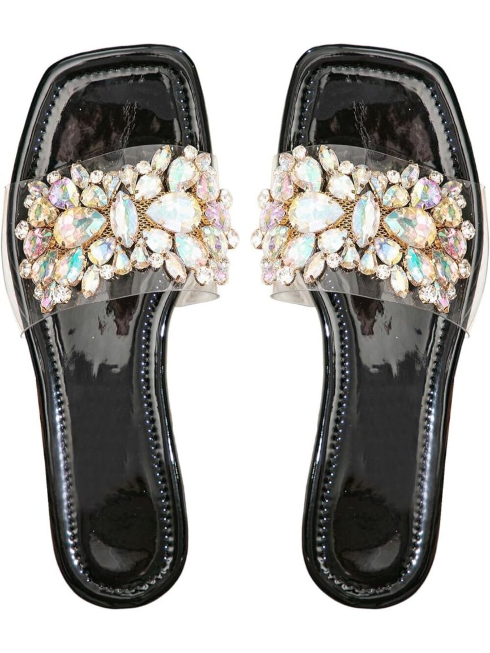 Women's Black Rhinestone Sandals Square Toe Slides Sparkle Transparent Flat